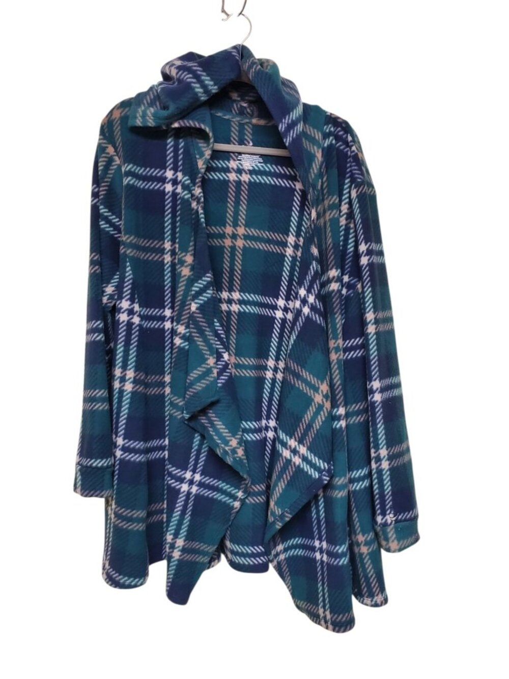 Cuddl Duds Women's Green Pink Plaid Fleece With Stretch Hooded Cardigan L/XL